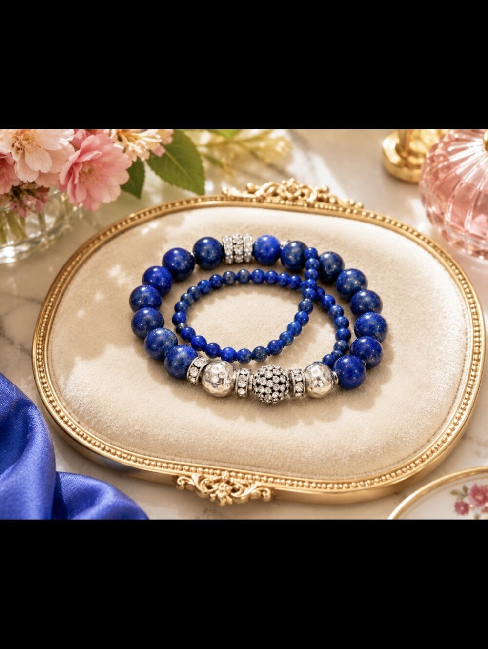 Set Of 2 Lapiz Lazuli Stretchy Bracelets With Rhinstone Accents